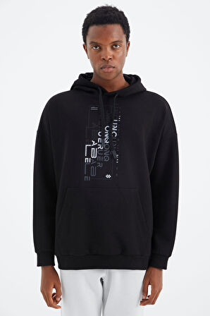 Siyah Kapüşonlu Baskı Detaylı Rahat Kalıp Erkek Sweatshirt - 88285 | XL