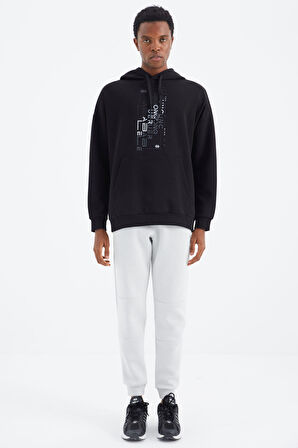 Siyah Kapüşonlu Baskı Detaylı Rahat Kalıp Erkek Sweatshirt - 88285 | XXL