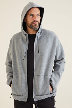 Gri Melanj Kapüşonlu  Gizli Cep Detaylı Erkek Sweatshirt - 88288 | S
