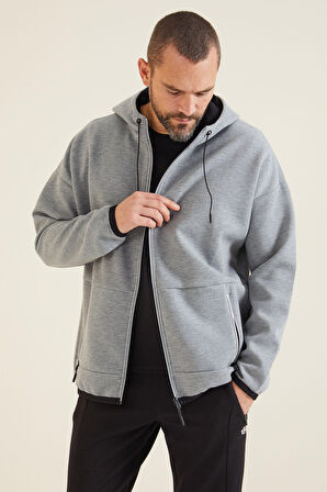 Gri Melanj Kapüşonlu  Gizli Cep Detaylı Erkek Sweatshirt - 88288 | S