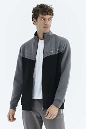 Siyah - Koyu Gri Dik Yaka Renk Bloklu Gizli Cep Detaylı Rahat Kalıp Erkek Sweatshirt - 88290 | S