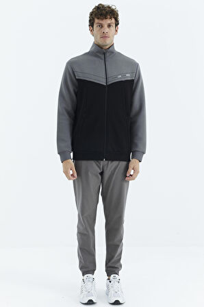 Siyah - Koyu Gri Dik Yaka Renk Bloklu Gizli Cep Detaylı Rahat Kalıp Erkek Sweatshirt - 88290 | S