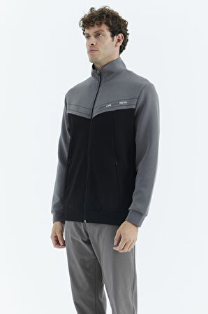 Siyah - Koyu Gri Dik Yaka Renk Bloklu Gizli Cep Detaylı Rahat Kalıp Erkek Sweatshirt - 88290 | S