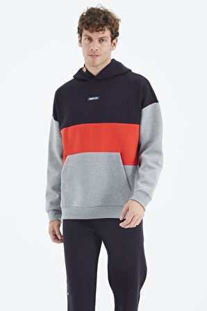 Gri Melanj Kapüşonlu Renk Bloklu Rahat Kalıp Erkek Sweatshirt - 88295