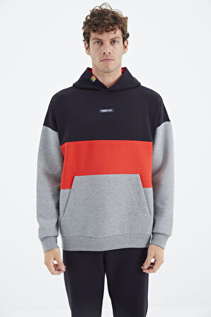 Gri Melanj Kapüşonlu Renk Bloklu Rahat Kalıp Erkek Sweatshirt - 88295