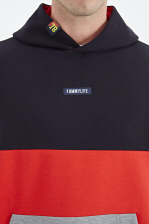 Gri Melanj Kapüşonlu Renk Bloklu Rahat Kalıp Erkek Sweatshirt - 88295
