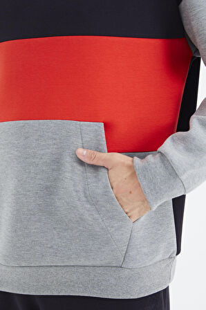 Gri Melanj Kapüşonlu Renk Bloklu Rahat Kalıp Erkek Sweatshirt - 88295