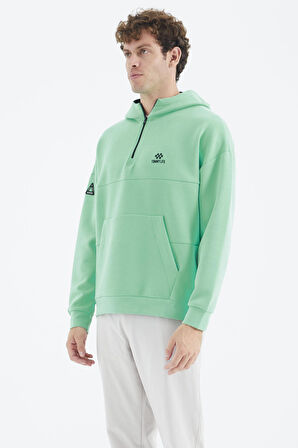 Su Yeşili Kapüşonlu Yarım Fermuarlı Cep Detaylı Rahat Kalıp Erkek Sweatshirt - 88294 | XL