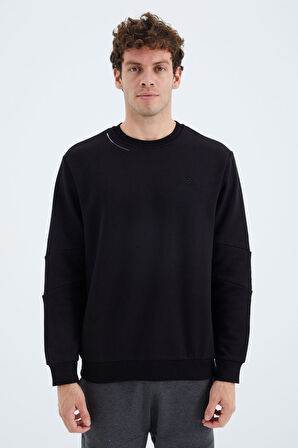 Siyah O Yaka Kol Şerit Detaylı Basic Rahat Kalıp Erkek Sweatshirt - 88293 | S