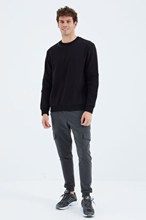 Siyah O Yaka Kol Şerit Detaylı Basic Rahat Kalıp Erkek Sweatshirt - 88293 | S