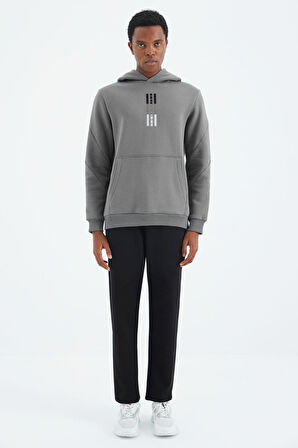 Koyu Gri Kapüşonlu Nakış Detaylı Rahat Kalıp Erkek Sweatshirt - 88291 | S