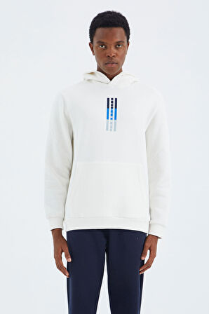 Ekru Kapüşonlu Nakış Detaylı Rahat Kalıp Erkek Sweatshirt - 88291 | XXL