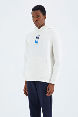 Ekru Kapüşonlu Nakış Detaylı Rahat Kalıp Erkek Sweatshirt - 88291 | XXL