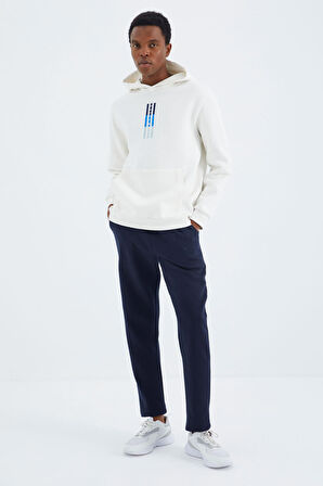 Ekru Kapüşonlu Nakış Detaylı Rahat Kalıp Erkek Sweatshirt - 88291 | XXL