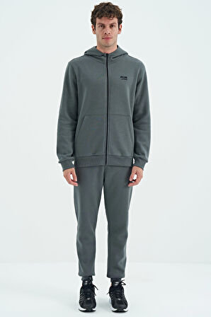 Haki Fermuarlı Kapüşonlu Cep Detaylı Şardonlu Rahat Kalıp Erkek Sweatshirt - 88139 | L