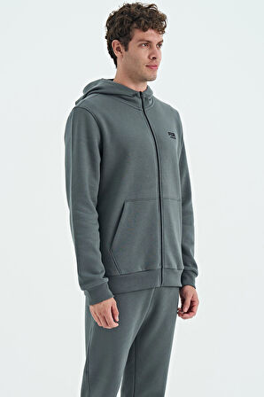 Haki Fermuarlı Kapüşonlu Cep Detaylı Şardonlu Rahat Kalıp Erkek Sweatshirt - 88139 | XL