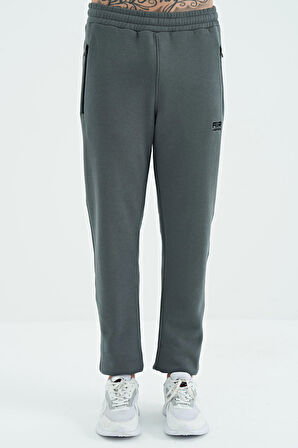 Haki Fermuar Cepli Bağcıklı Lastikli Bel Şardonlu Erkek Eşofman Alt - 84942 | L