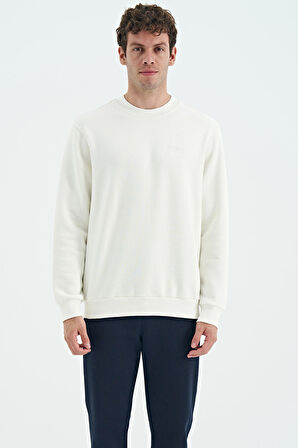 Ekru O Yaka Şardonlu Rahat Form Basic Erkek Sweatshirt - 88137 | S