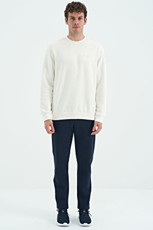 Ekru O Yaka Şardonlu Rahat Form Basic Erkek Sweatshirt - 88137 | S