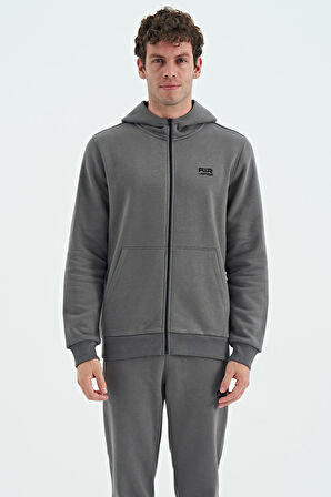 Koyu Gri Fermuarlı Kapüşonlu Cep Detaylı Şardonlu Rahat Kalıp Erkek Sweatshirt - 88139 | S