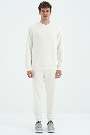 Ekru O Yaka Rahat Kalıp Şardonlu Basic Jogger Erkek Eşofman Takım - 85190 | L