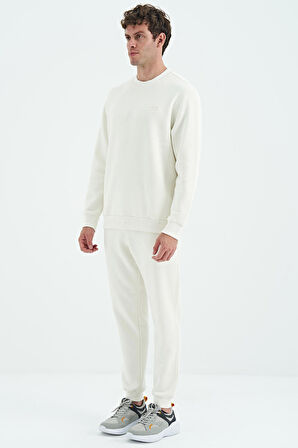 Ekru O Yaka Rahat Kalıp Şardonlu Basic Jogger Erkek Eşofman Takım - 85190 | XL