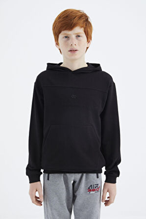 Siyah Kapüşonlu Basic Erkek Çocuk Sweatshirt - 11181 | 7-8