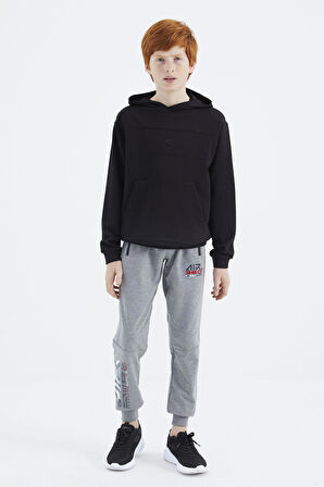 Siyah Kapüşonlu Basic Erkek Çocuk Sweatshirt - 11181 | 7-8