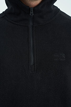 Siyah Yarım Fermuarlı Kapüşonlu Renk Bloklu Standart Kalıp Erkek Polar Sweatshirt - 88300 | M