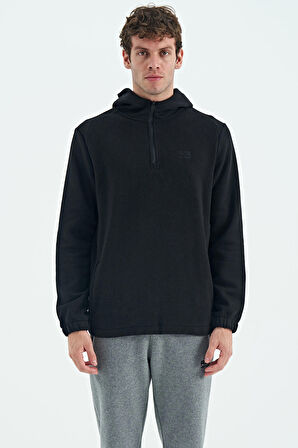 Siyah Yarım Fermuarlı Kapüşonlu Renk Bloklu Standart Kalıp Erkek Polar Sweatshirt - 88300 | S