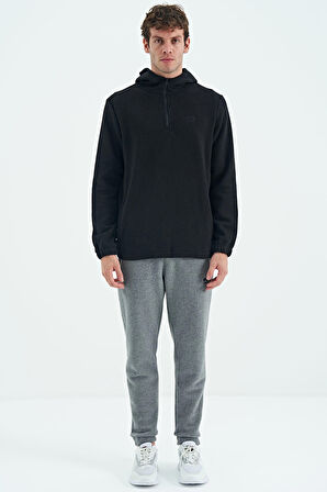 Siyah Yarım Fermuarlı Kapüşonlu Renk Bloklu Standart Kalıp Erkek Polar Sweatshirt - 88300 | S