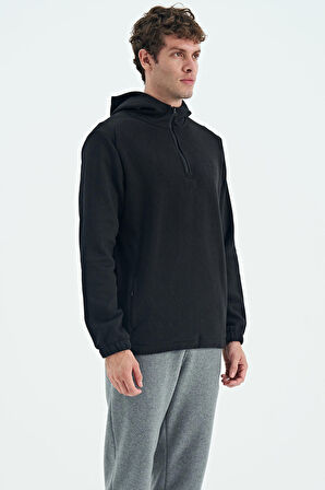 Siyah Yarım Fermuarlı Kapüşonlu Renk Bloklu Standart Kalıp Erkek Polar Sweatshirt - 88300 | S