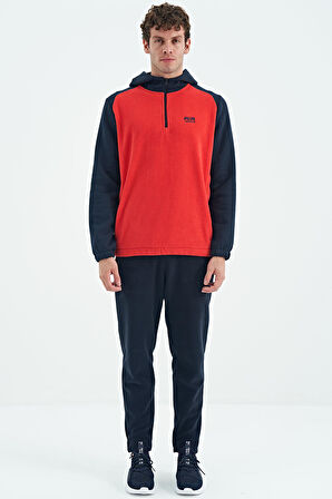 Fiesta Yarım Fermuarlı Kapüşonlu Renk Bloklu Standart Kalıp Erkek Polar Sweatshirt - 88300 | XXL
