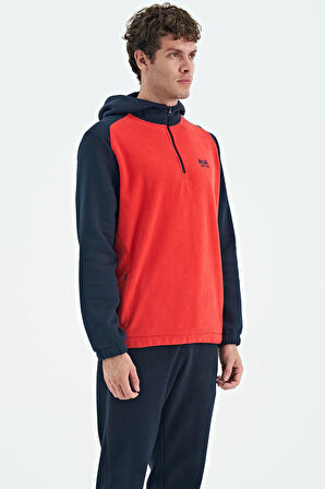 Fiesta Yarım Fermuarlı Kapüşonlu Renk Bloklu Standart Kalıp Erkek Polar Sweatshirt - 88300 | XXL