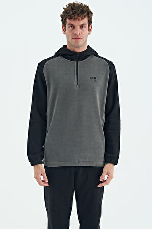 Koyu Gri Yarım Fermuarlı Kapüşonlu Renk Bloklu Standart Kalıp Erkek Polar Sweatshirt - 88300 | L