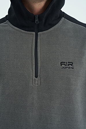 Koyu Gri Yarım Fermuarlı Kapüşonlu Renk Bloklu Standart Kalıp Erkek Polar Sweatshirt - 88300 | L