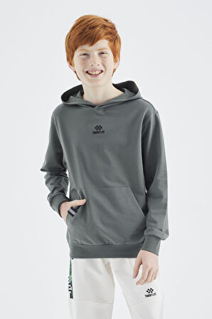 Haki Kapüşonlu Erkek Çocuk Sweatshirt - 11177 | 8-9