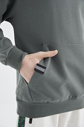 Haki Kapüşonlu Erkek Çocuk Sweatshirt - 11177 | 8-9