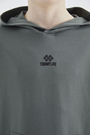 Haki Kapüşonlu Erkek Çocuk Sweatshirt - 11177 | 8-9