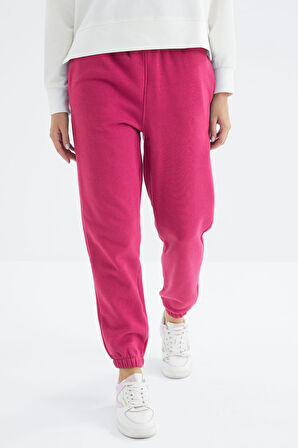 Fuşya Yüksek Bel Şardonlu 3 İplik Pamuklu Basic Kadın Eşofman Altı - 94624