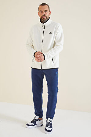 Ekru Yazı Nakışlı Dik Yaka Fermuarlı Standart Kalıp Erkek Sweatshirt Polar - 87992 | XL