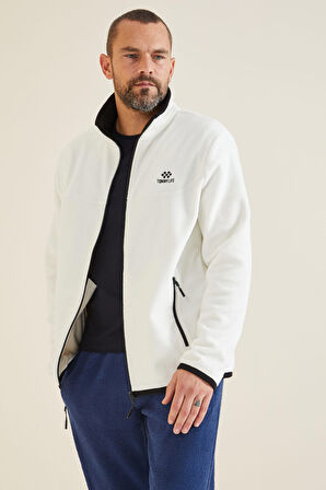 Ekru Yazı Nakışlı Dik Yaka Fermuarlı Standart Kalıp Erkek Sweatshirt Polar - 87992 | XL