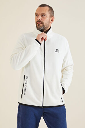 Ekru Yazı Nakışlı Dik Yaka Fermuarlı Standart Kalıp Erkek Sweatshirt Polar - 87992 | XL