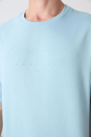 Açık Mavi Pamuklu Kalın Yumuşak Dokulu Oversize Fit Baskılı Erkek T-Shirt - 88320