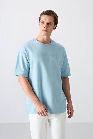 Açık Mavi Pamuklu Kalın Yumuşak Dokulu Oversize Fit Baskılı Erkek T-Shirt - 88320