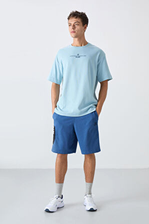 Açık Mavi Pamuklu Kalın Yumuşak Dokulu Oversize Fit Baskılı Erkek T-Shirt - 88321
