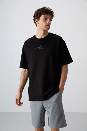 Siyah/Antrasıt Pamuklu Kalın Yumuşak Dokulu Oversize Fit Baskılı Erkek T-Shirt - 88321 | XL