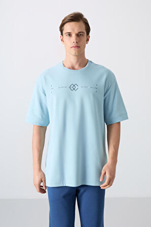 Açık Mavi Pamuklu Kalın Yumuşak Dokulu Oversize Fit Baskılı Erkek T-Shirt - 88323