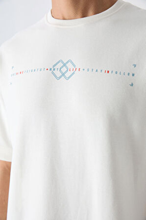Ekru Pamuklu Kalın Yumuşak Dokulu Oversize Fit Baskılı Erkek T-Shirt - 88323