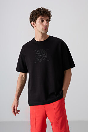 Siyah Pamuklu Kalın Yumuşak Dokulu Oversize Fit Baskılı Erkek T-Shirt - 88324 | M